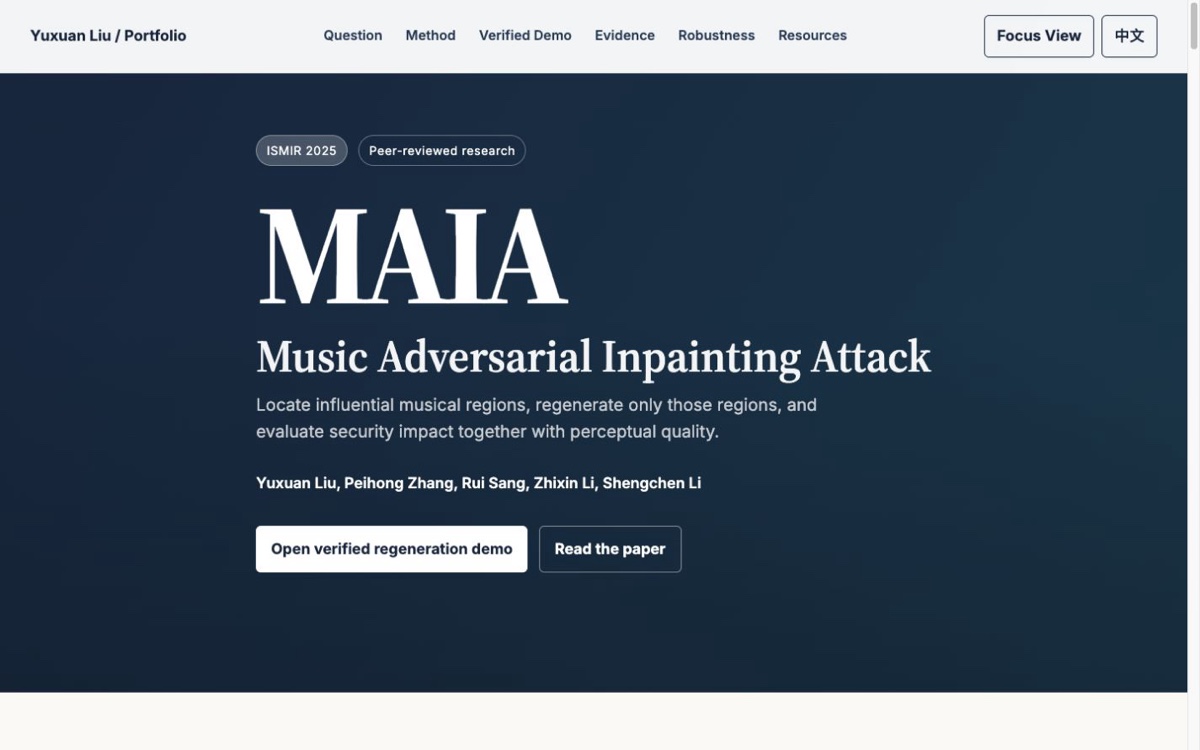 Current MAIA research page showing its method title and verified regeneration demo