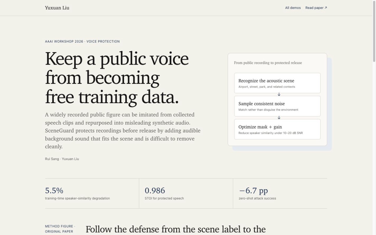 Current SceneGuard page showing scene-consistent audible voice protection