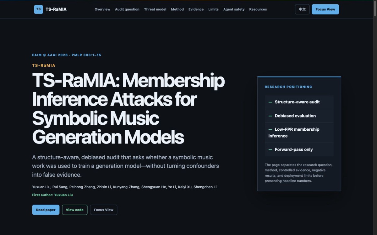 Current TS-RaMIA research page showing its evidence-based symbolic music audit