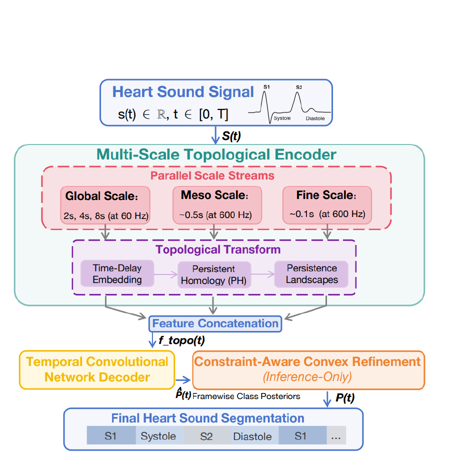 Published TopSeg Figure 3 showing multi-scale topological encoding, temporal convolutional decoding, convex refinement, and final heart-sound segmentation.