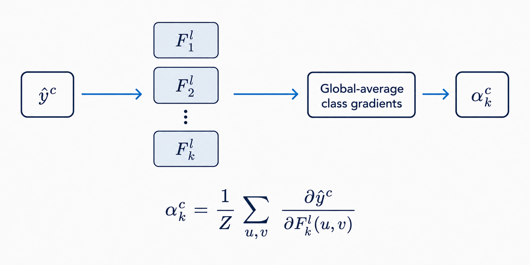Grad-CAM class-gradient weighting: the current class score is back-propagated to convolutional feature maps, whose spatially averaged gradients produce the channel weight alpha k superscript c